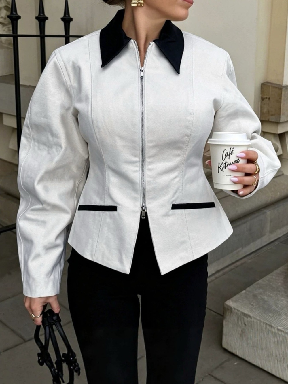 Contrast Collar Zip-Up Jacket